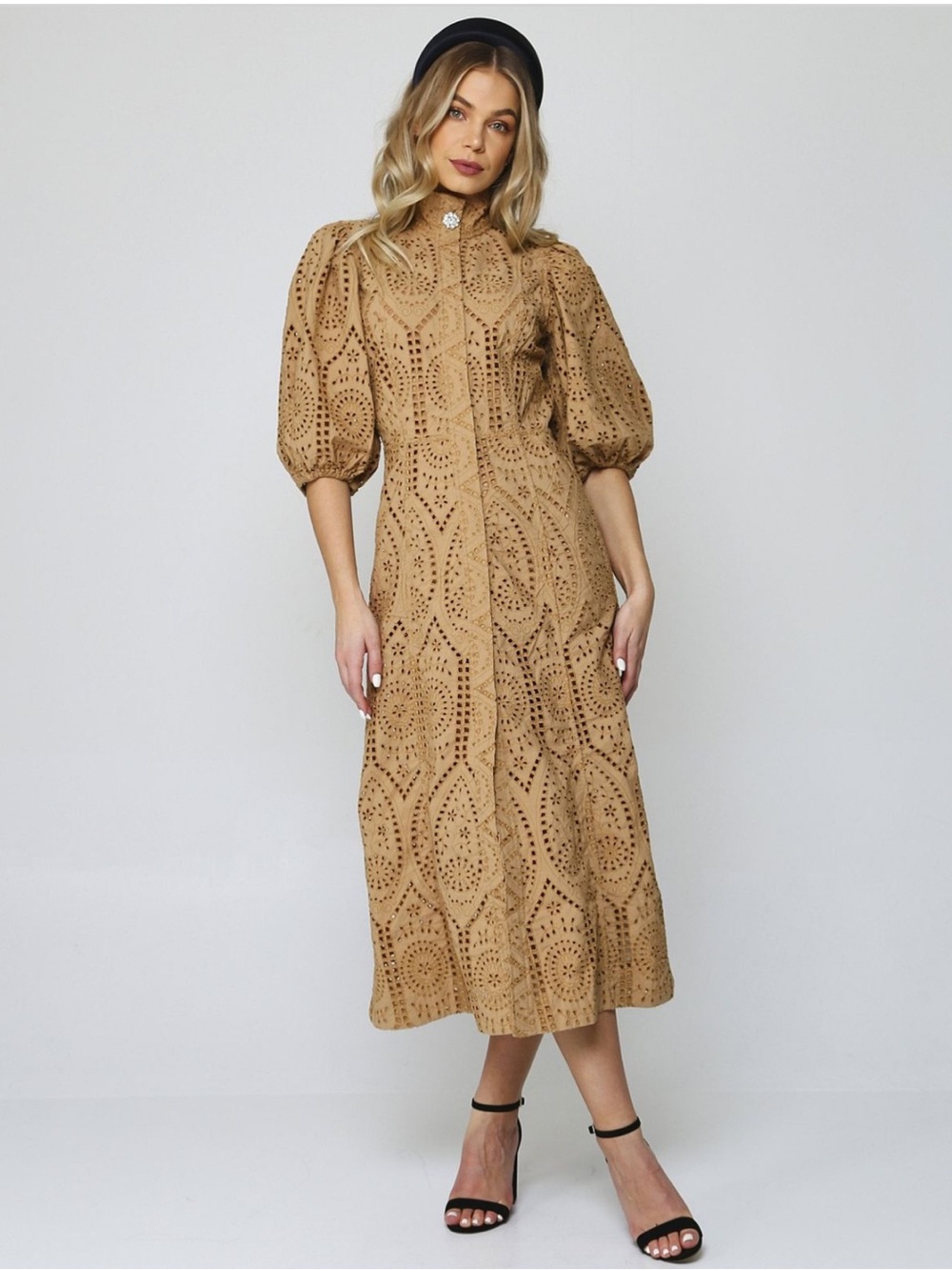 Ganni Tan Broderie Anglaise Midi Dress with Puff Sleeves